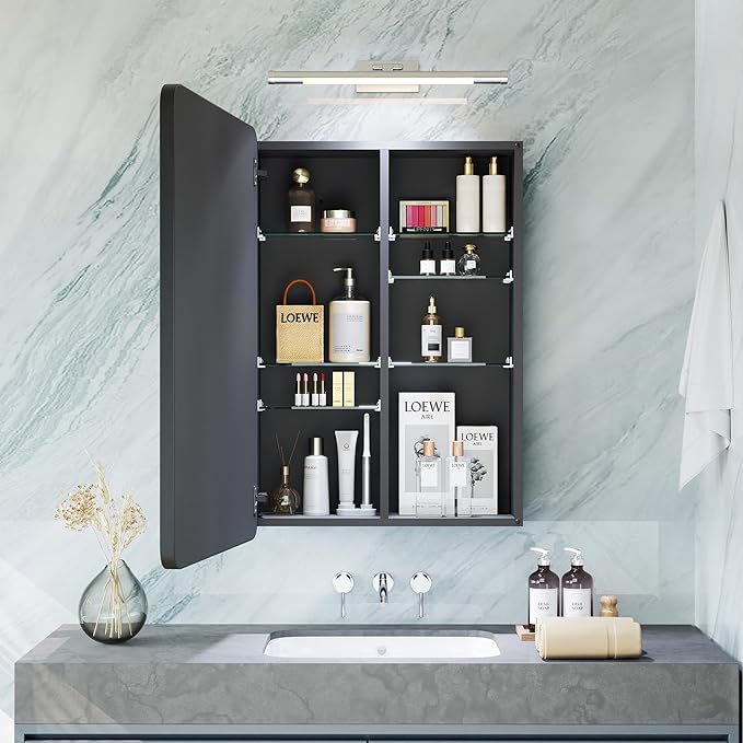 Modern Bathroom Mirror with Storage 16x24 Inch, Matte Black Aluminum Medicine Cabinet, Recessed or Surface Mount, 6 Adjustable Glass Shelves, Waterproof Vanity Organizer, DTC Hinges