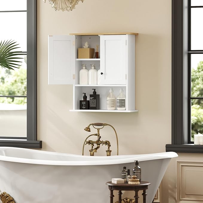 HOMCOM Bathroom Wall Cabinet, Modern Bathroom Cabinet Wall Mounted Medicine Cabinet with 2 Doors, Adjustable Shelf, Over the Toilet, White