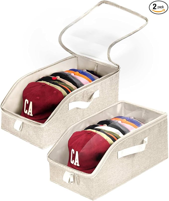 Livelab Hat Organizer for Baseball Caps, Hat Storage Holder Container for Closet Hold Up to 12 Caps with Clear Window, Hat Boxes for Home Storage | 2Pcs Beige