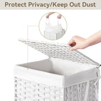 Chrislley 90L Slim Laundry Hamper with Wheels, Rolling Laundry Basket with Lid and Renovable Liner Bag, Handwoven Rattan Organizer for bedroom, bathroom, laundry room (White)