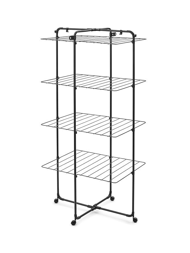 Brabantia HangOn Tower Clothes Drying Rack with Wheels | 98ft (30m) | Matt Black | Tall 3-Tier Indoor Clothes Airer with Adjustable Shelves for Towels, Folds Flat to Save Space | Fits 3 Full Loads