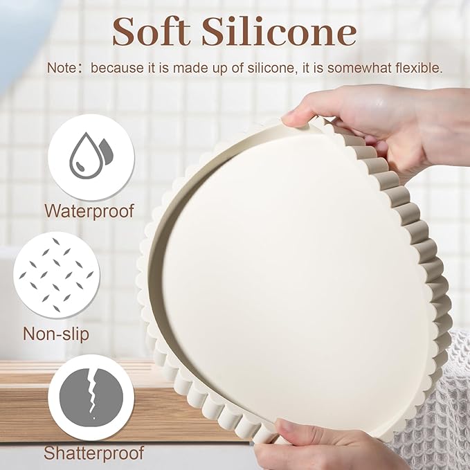 Round Bathroom Tray Silicone Kitchen Counter Decor Vanity Organizer Decorative Coffee Table Tray for Perfume, Candle, Soap Dish, 10 Inch, Beige