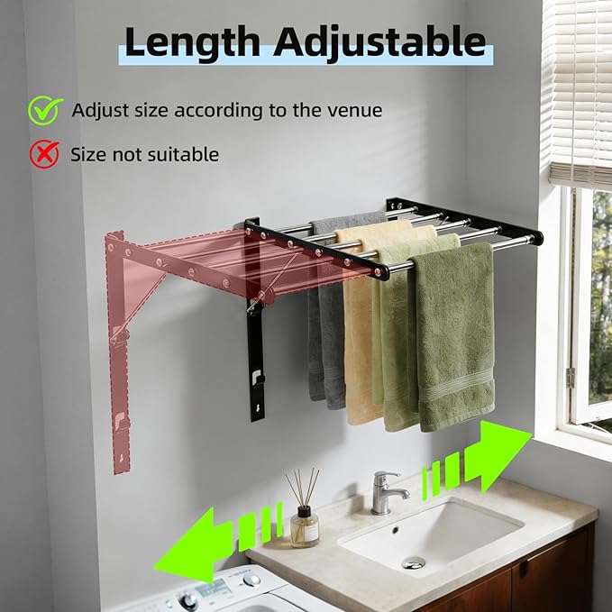 Wall Mounted Drying Rack for Laundry, 13”-23” Retractable Clothes Drying Rack, Space Saving Drying Rack Clothing with 5 Stainless Steel Rods Bathroom, Apartments, Black