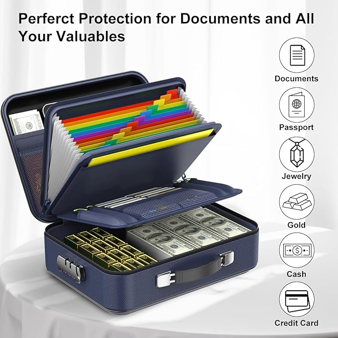 COLCASE Fireproof File Box, Hard Case Fireproof Document Organizer with Lock Hard-Shell Design Fireproof Water Resistant Safe Box for Important Documents Certificates Laptop Passports Blue