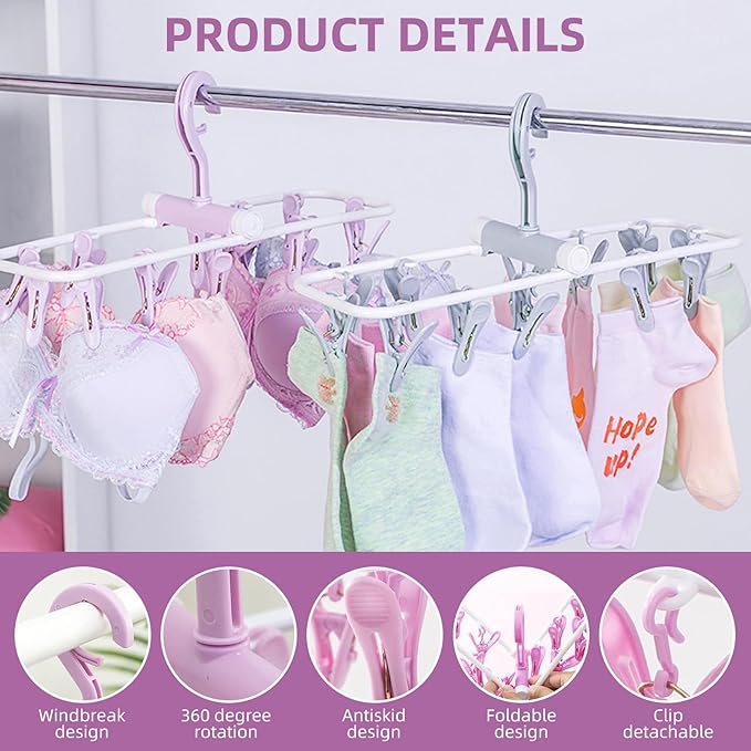 2 Pack Clothes Drying Rack, Laundry Drying Rack with 12 Clips, 360° Rotatable Hook Windproof Sock Hanger, Small Foldable Portable Hangers for Drying Bras Underwear Baby Clothes Gloves