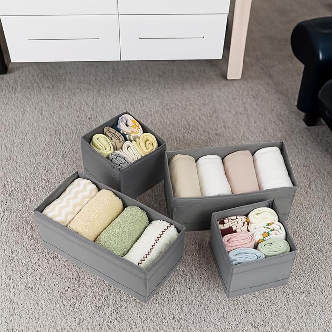 Washable Cloth Drawer Organizer, Set of 4 Foldable Sock Dresser Drawer Organizers Storage Boxes, Fabric Storage Boxes Closet Cabinet Organizer for Clothes (Gray, 2M+2S)