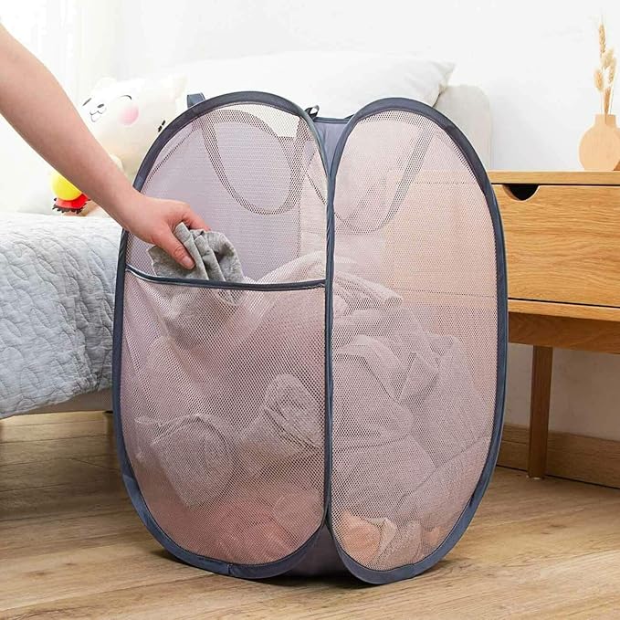 Mesh Pop up Laundry Hamper, Collapsible for Storage, Portable Folding Pop-Up Clothes Hamper Laundry Basket for Home Room, College Dorm or Travel, Grey