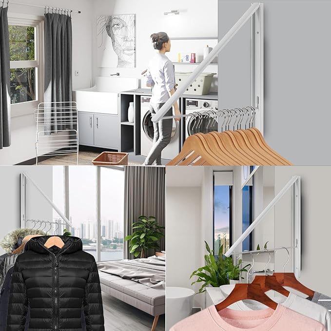 Retractable Clothes Drying Rack Wall Mounted, Foldable Space-Saving Hanger for Laundry Room/Bathroom/RV - Stainless Steel/Aluminum (White)