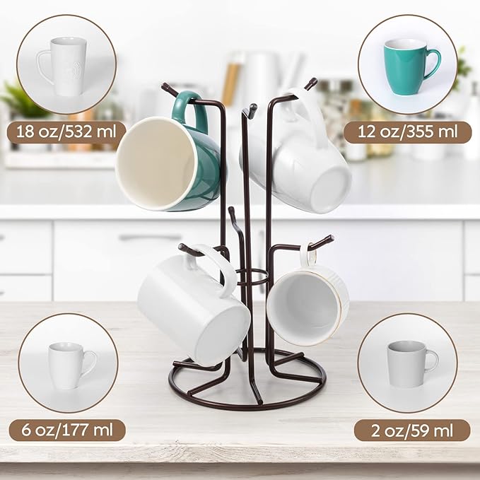 HULISEN Mug Holder for Large Cups, Mug Tree for Counter with 6 Hooks, Metal Coffee Mug Stand for Easy Pick, Place and Display, Coffee Bar Accessories and Decor, Free Standing Mug Rack, Brown