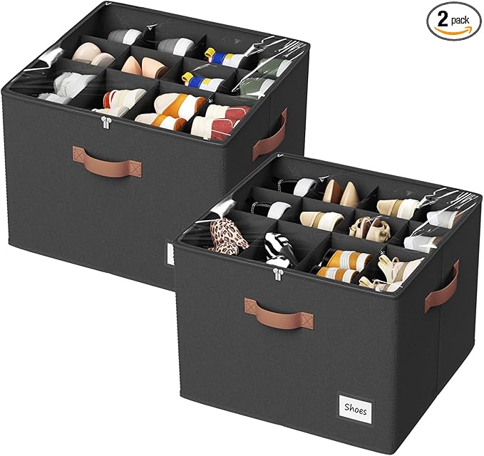 PHINOX Shoe Organizer for Closet, 2 Pack Fabric Shoe Organizer Storage Box, Shoe Storage Containers with Clear Cover, Closet Shoe Storage for Boots Sandals Slippers,Fits 16-32 Pairs, Black