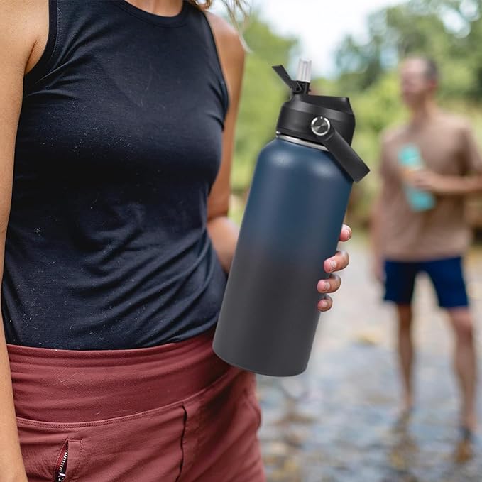 32oz Insulated Stainless Steel Water Bottle, Wide Mouth Double Wall Vacuum, Silicone Straw, Sweat & Leak Proof, BPA Free Insulated Water Flask for Travel, Keep Cold 24h Hot 12h, Blue