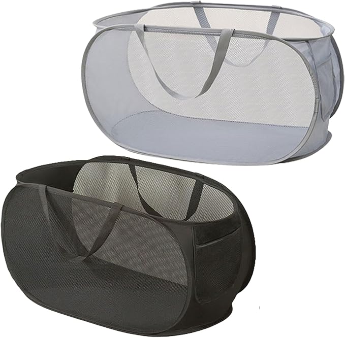 2 Piece Popup Mesh Laundry Basket Durable Handles Collapsible Laundry Baskets Folding Clothes Pastic Hamper for Laundry Room College Dorm (Black/Gray)