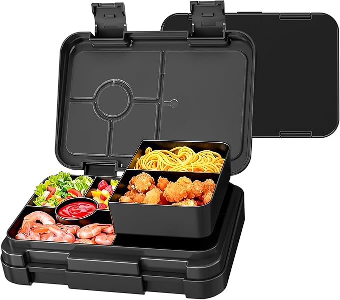 Bento Lunch Box for Kids, 6 Compartments BPA Free, Dishwasher Safe Back to School Snack Bento Lunch Containers Boxes, Ideal Portion Sizes for On-the-Go Meal, Ages 3+, School, Black