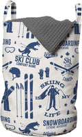 Ambesonne Ski Pattern Laundry Bag, Vintage Style Monochromatic Design of Skiing Themed Motifs, Hamper Basket with Handles Drawstring Closure for Laundromats, 13" x 19", Navy White