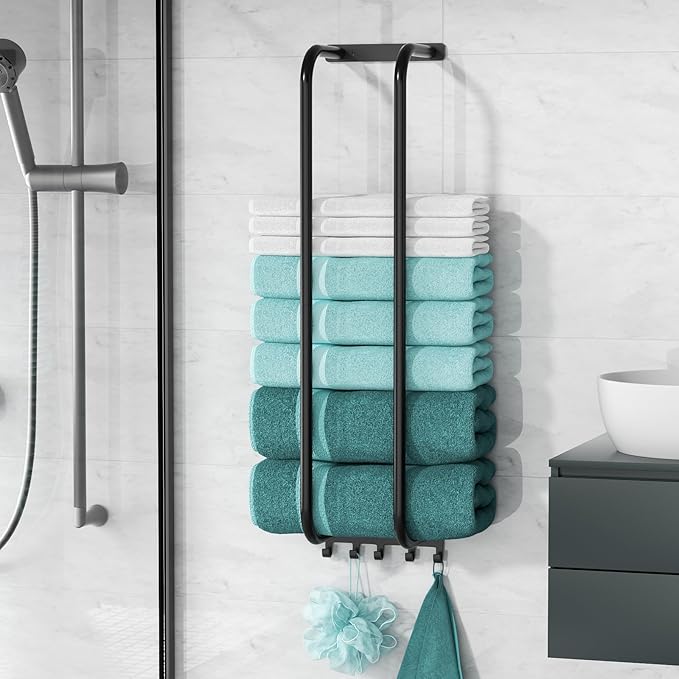 Towel Rack Bathroom Wall Holder: 27.9 Inch Wall Mounted Shower Organizer, for Rolled Towel Storage, 2 Metal Racks Plus Extra 5 Hooks, for Modern Small Space Bathroom RV Campers (Matte Black)