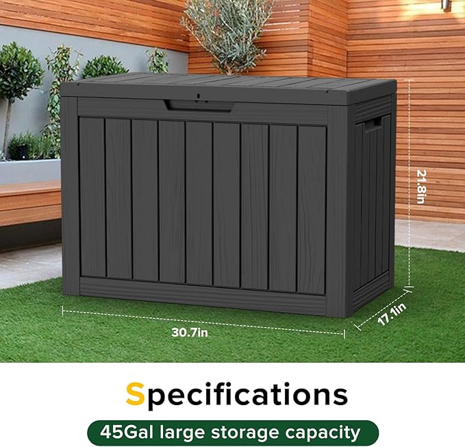 EasyUp 45 Gallon Outdoor Storage Box, Resin Waterproof UV-Resistant Deck Box, Reinforced Stability for Patio, Garden, and Poolside, Striped Black