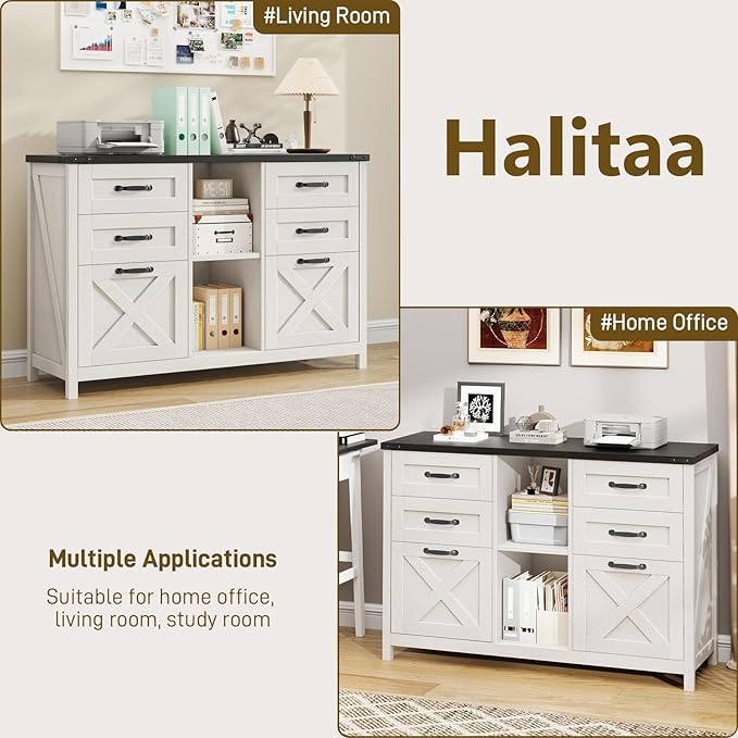 Lateral File Cabinet with 6 Drawers, Farmhouse Filing Cabinet for Letter/A4 Size, Wood File Storage Cabinets Printer Stand with Open Storage Adjustable Shelf for Home Office Cabinets, White and Black