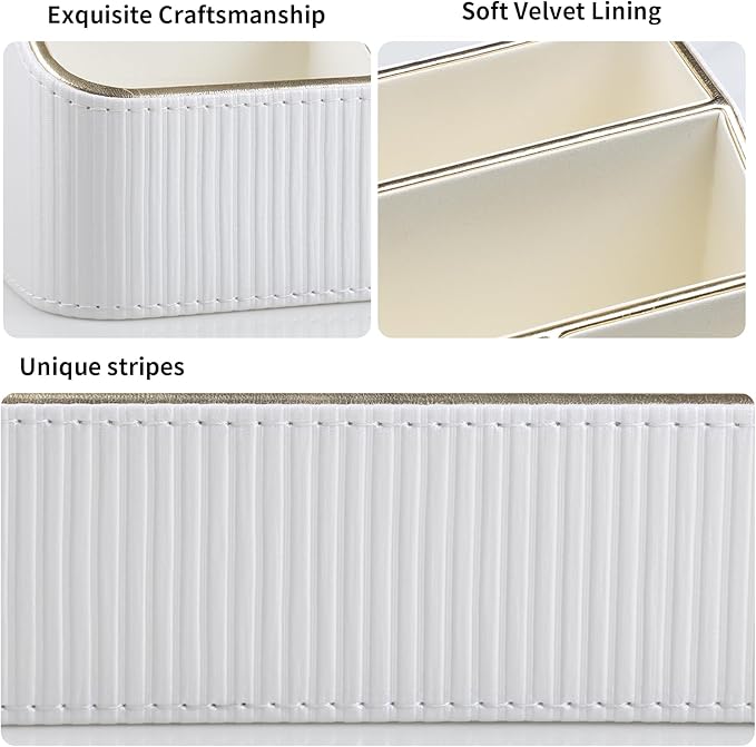 Remote Control Holder with 4 Compartments, PU Leather Small Nightstand Organizer for Home Desk Accessories Office Supplies, Multifunctional Stylish Small Bedside Desktop Organizers (White)