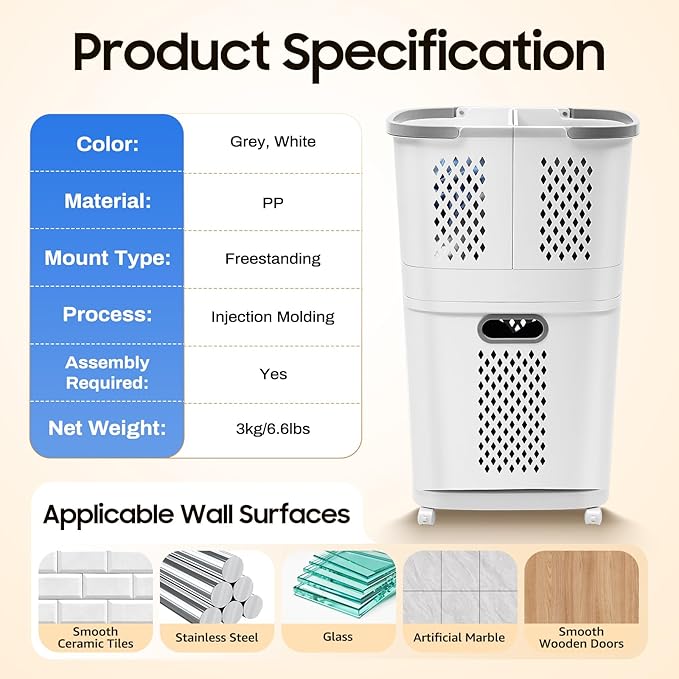 2-in-1 Laundry Sorter Hamper with Wheels | 4 Compartments, Detachable Wall Mount Baskets | for Bedroom, Bathroom, Closet Organization (Grey)