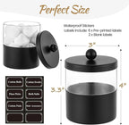 Gaussra Black Apothecary Jars, Black Qtip Holder - Stainless Steel Bathroom Jar with Stickers - Farmhouse Decor Qtip Dispenser for Qtips, Cotton Balls, Swabs, Makeup Sponges (2-Pack)
