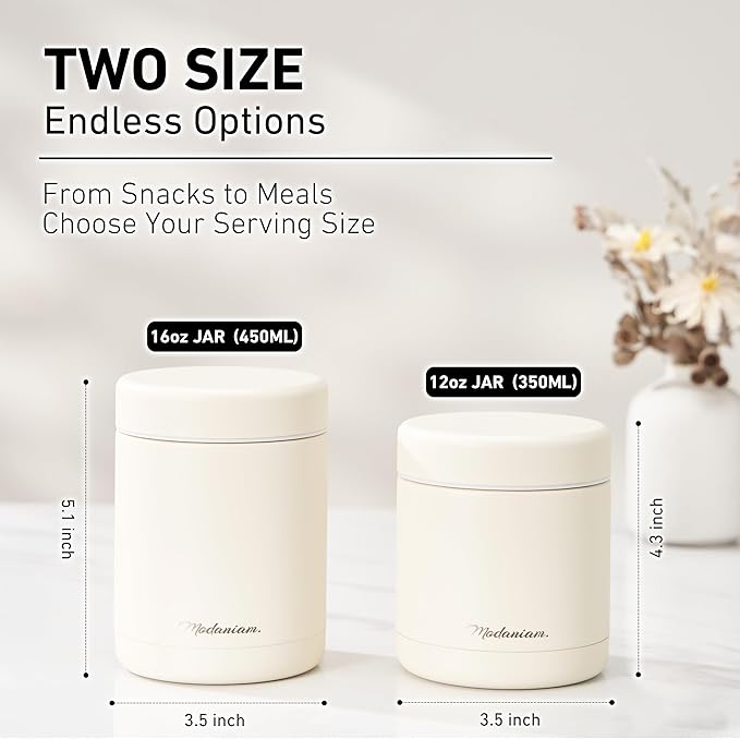Stainless Steel Insulated FoodJar Set of 2 (16oz + 12oz) | Wide Mouth | Soup Thermo for Hot Food Lunch Container | Thermal LunchBox | Insulated Soup Bowl | Hot and Cold Lunch Box for Adults | Vanilla