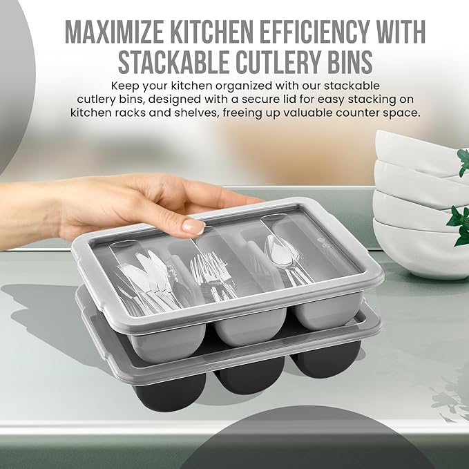 2 Pack - Cutlery Bin with Lid, Commercial 3-Compartment Flatware Tray with Cover, Large Silverware Divided Storage Plastic Container, Restaurant Condiments Holder, Covered Utensil Organizer Box, Brown
