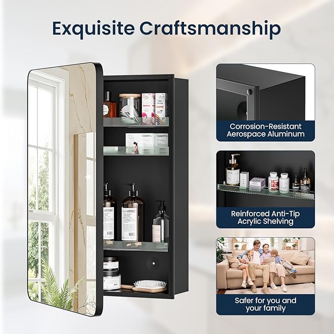 Medicine Cabinet 16x24 Inch, Aluminum Bathroom Mirror Cabinet with Storage, Recessed or Surface Mount, Black Vanity Storage Unit with 3 Anti-Tip Adjustable Acrylic Shelves, Soft Close Hinge
