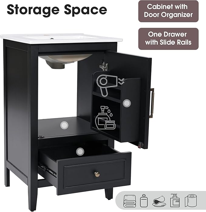 20 in Small Bathroom Vanity with Sink,Wood Modern Single Bathroom Sink Cabinet with Soft Closing Door and Drawer,Freestanding Black