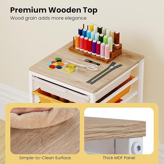 GOFLAME 5-Drawer Rolling Storage Cart, Craft Storage Cart with Wooden Tabletop and Lockable Wheels, Art Cart Supply Storage Organizer with Metal Frame for Home Office Classroom, Macaron Color