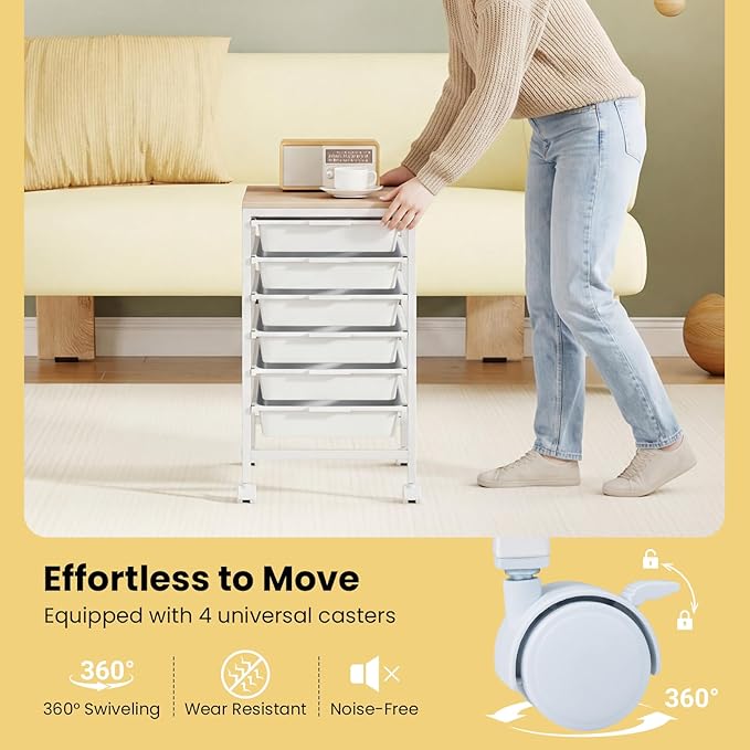 GOFLAME 6-Drawer Rolling Storage Cart, Craft Storage Cart with Wood Tabletop and Lockable Wheels, Art Cart Supply Storage Organizer with Metal Frame for Home Office Classroom, White