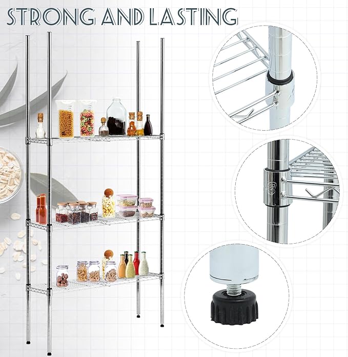 Thyle Set of 4 Wire Shelving Poles Including 8 Pcs 36'' Poles and 50 Pcs Shelf Clips, Heavy Duty Chrome Commercial Wire Shelving Parts for 1" Post Shelf Rack Accessories Replacement(74")