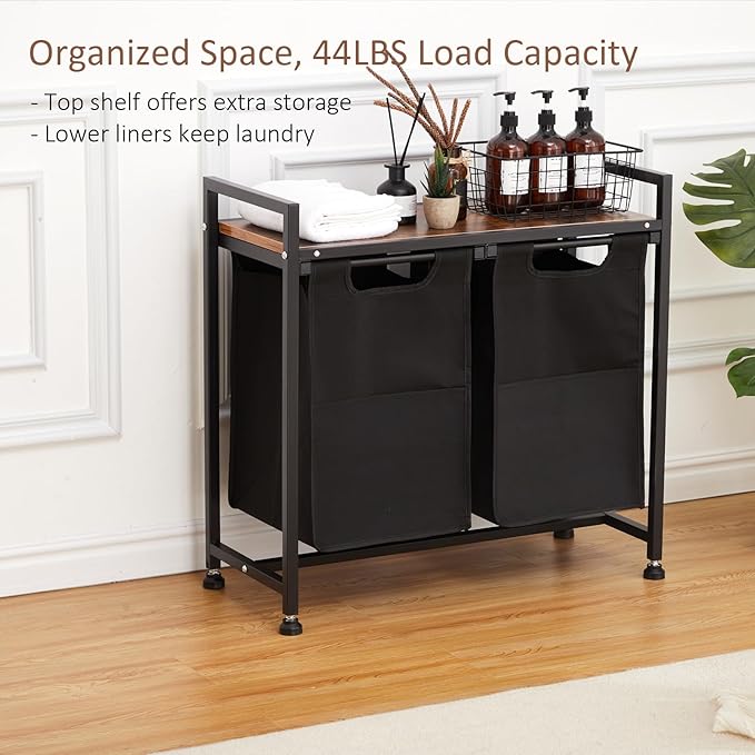 Laundry Sorter 2 Section, Laundry Hamper with Wheels, 2 × 11.5 Gal (87 L), Rolling Laundry Basket, Pull-Out and Removable Oxford Fabric Laundry Bags, Black