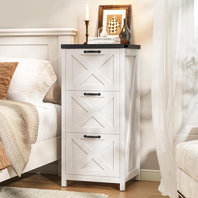 3 Drawer Tall File Cabinet, Farmhouse Vertical Filing Cabinet Fits Letter/A4 Size, Wood File Cabinets Printer Stand for Home Office, Living Room, White and Black