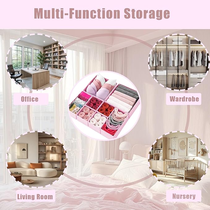 Drawer Organizer Clothes 8 Pack Clothes Organizer Dresser Drawer Organizers for Socks Underwears Bras Foldable Closet Organizers and Storage Fabric Storage Dividers for Nursery Bedroom, Pink