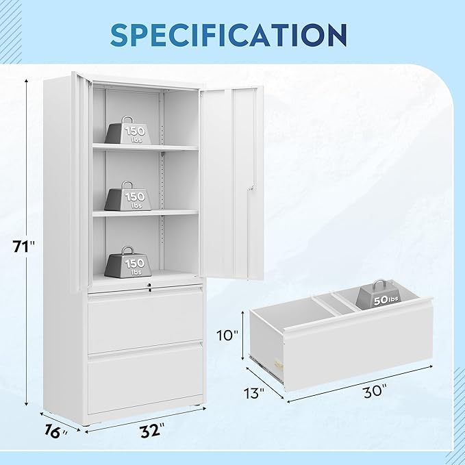 DEVAISE 71" Metal Storage Cabinet, 2-Drawer Lateral File Cabinet, Adjustable Shelves & Doors, White Garage Storage Cabinet, Heavy Duty Tall Cabinet for Home Office, Garage Organization
