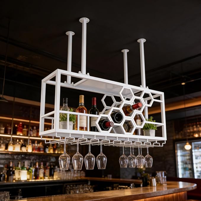 Ceiling Wine Glass Rack, Hanging Wine Rack with Glass Holder and Shelf, 2 Layer Industrial Iron Hanging Wine Bottle Holder, Metal Ceiling Shelf for Bar Cafe Kitchen, 39.4*11.8*15.8in (White)