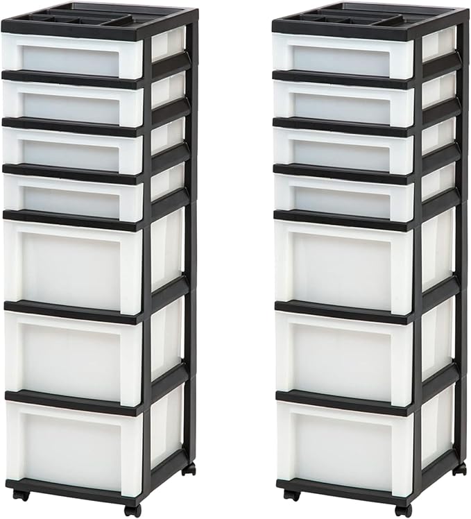 IRIS USA Plastic Drawer Storage Organizer Rolling Cart, with Wheels Casters, 2-Pack, 7-Drawers, for Classroom Art Craft Supplies Dresser Closet Bathroom Laundry Room, Black/Pearl