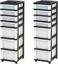 IRIS USA Plastic Drawer Storage Organizer Rolling Cart, with Wheels Casters, 2-Pack, 7-Drawers, for Classroom Art Craft Supplies Dresser Closet Bathroom Laundry Room, Black/Pearl