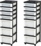 IRIS USA Plastic Drawer Storage Organizer Rolling Cart, with Wheels Casters, 2-Pack, 7-Drawers, for Classroom Art Craft Supplies Dresser Closet Bathroom Laundry Room, Black/Pearl
