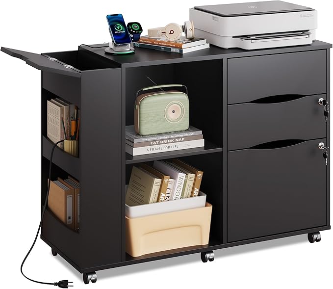 DEVAISE File Cabinet with Lock, 3 Drawer Rolling Mobile Lateral Filing Cabinets with Charging Station Printer Stand with Open Storage Shelves Fits A4 or Letter Size for Home Office Black