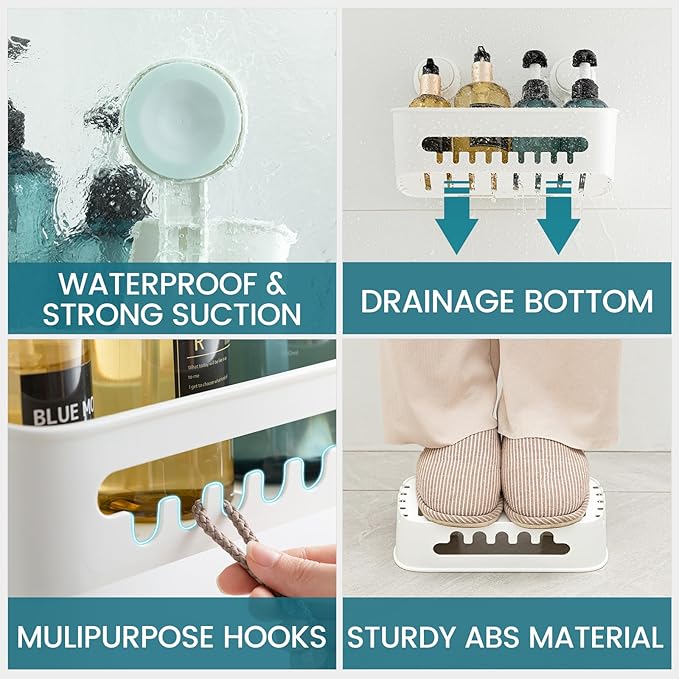 TAILI Shower Caddy Suction Cup, Heavy Duty Bathroom Organizer, Removable Shelves for Inside Shower, Shampoo, Waterproof Suction Plastic Storage for Bathroom Accessories Holder, White