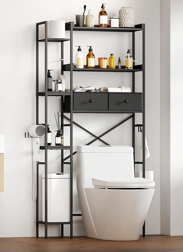 Over The Toilet Storage with 2 Drawers - 7 Tier Bathroom Organizer with Adjustable Shelf, Freestanding Space Saver Storage Rack Above Toilet Stand with Hooks for Small Restroom, Laundry(Black)