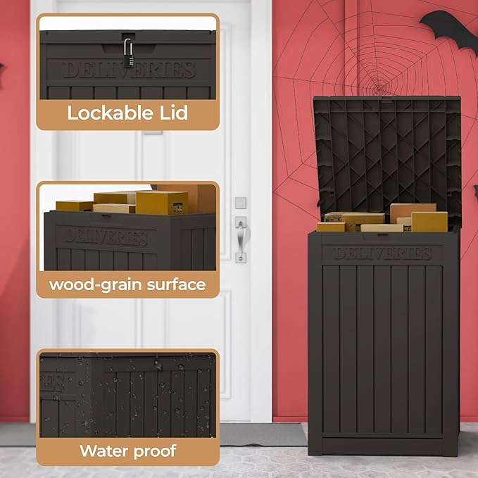 48 Gallon Resin Package Delivery Box - Rust & Moisture Resistant, Lockable, Waterproof Deck Box for Porches, Patios, Indoor & Outdoor Use (Blcak, 48 Gallon)