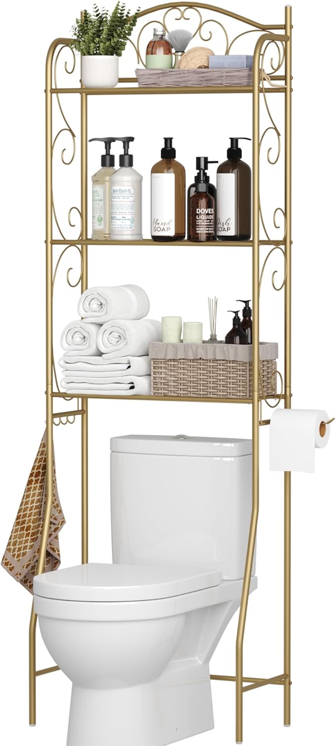 HOME BI Over The Toilet Storage Shelf, 3-Tier Over Toilet Bathroom Organizer Rack, Freestanding Space Saver Toilet Stands with Hooks, Gold