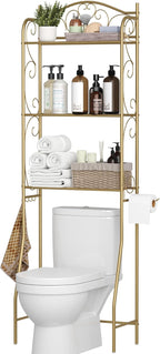 HOME BI Over The Toilet Storage Shelf, 3-Tier Over Toilet Bathroom Organizer Rack, Freestanding Space Saver Toilet Stands with Hooks, Gold
