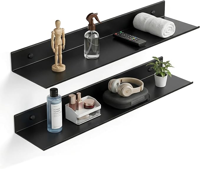 Z metnal Floating Shelves, Bedroom Shelves, Display Metal Wall Shelf for Funko Pop Speaker Figure Collection, Floating Storage Wall Decor, Aluminum, Wall Mounted, Matt Black, 20 inch, 2 Pack