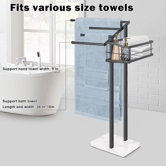 HarJue Towel Rack for Bathroom, 36” H Towel Holder Stand, Bath Towels Sheet Holder with Marble Base, Standing Rack for Home Pool Outdoor Floor, Store Family Member Towels (Black, 36” H-Basket)