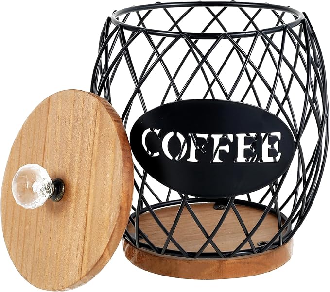 Coffee Pod Basket Holder Hollow Design Metal Coffee Pod Container with Dust Cover Holder Organizer Large Capacity Sturdy Coffee Pod Organizer (black)