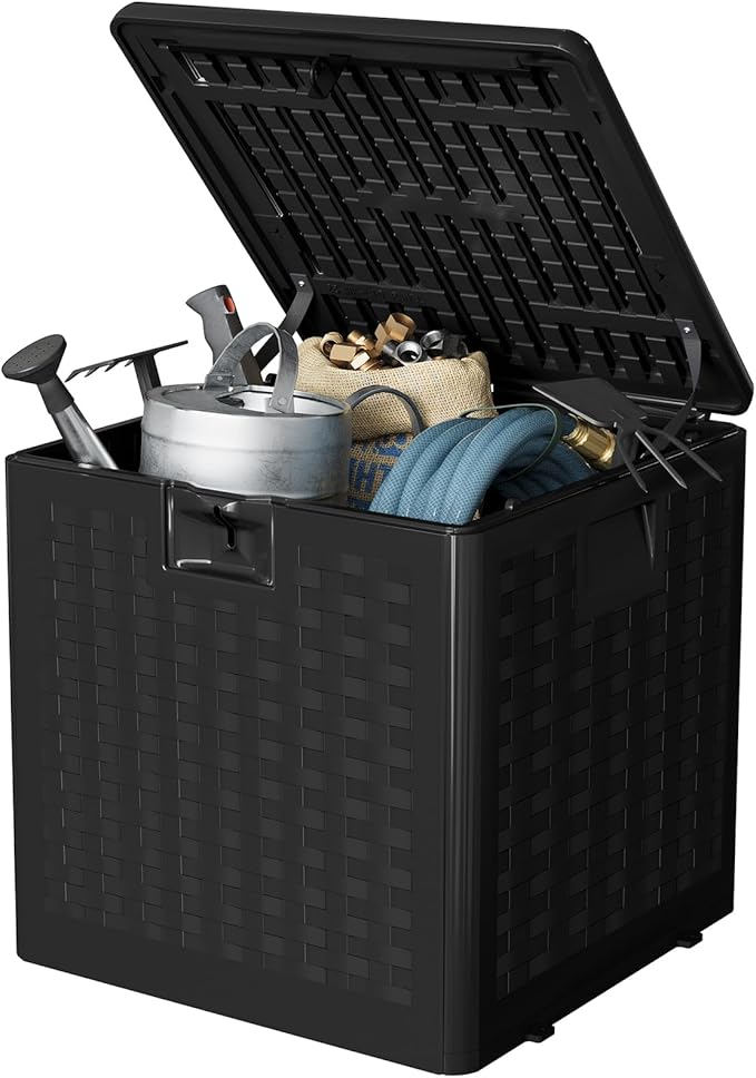 Garvee 28 gal Outdoor Storage Box with Lid, Weather-Resistant Plastic Deck Box, Lockable Outdoor Storage Bin for Patio Furniture, Gardening Tools and Accessories, Black