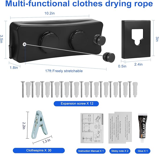 17Ft Retractable Clothesline Indoor/Outdoor, Comes with 30 clothespins, Anti-Sag for Drying Clothes line retracting Indoor/Outdoor, Dual-Line with Each Line 17Ft Long Laundry line Retractable